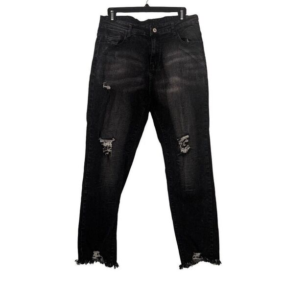 H&M Distressed Frayed Hem Straight Leg Jeans Black Denim Medium Wash Size Large - Picture 1 of 3